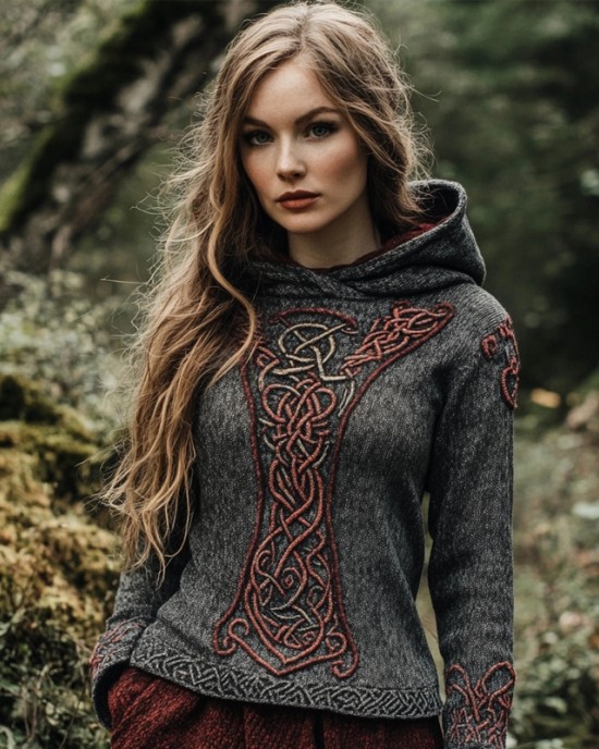 Vintage Viking Vegvisir Celtic Jacquard Cozy Hooded Sweater Vintage Viking Vegvisir Celtic Jacquard Cozy Hooded Sweater
