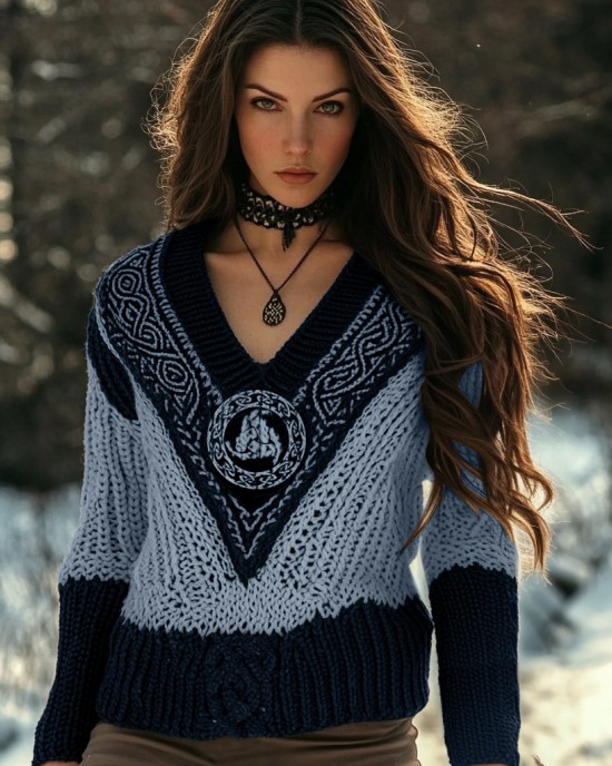 Women's Viking Style Knitted Jacquard V-neck Sweater