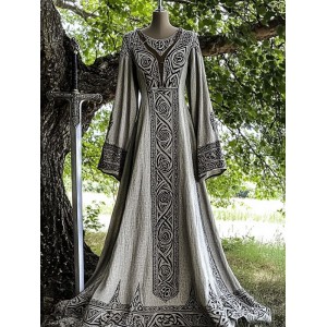 Vintage Viking Pattern V Neck Casual Maxi Dress