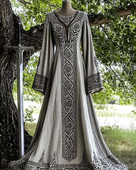 Vintage Viking Pattern V Neck Casual Maxi Dress