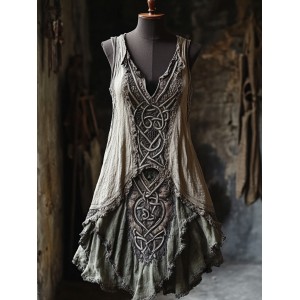 Vintage Tribal Lace Patchwork Comfy Linen Tank Dress