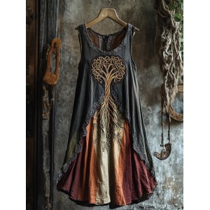 Tribal Celtic Knot Life Of Tree Lace Contrast Color Art Linen Tank Dress