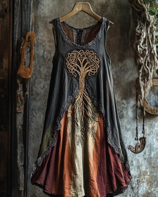 Tribal Celtic Knot Life Of Tree Lace Contrast Color Art Linen Tank Dress