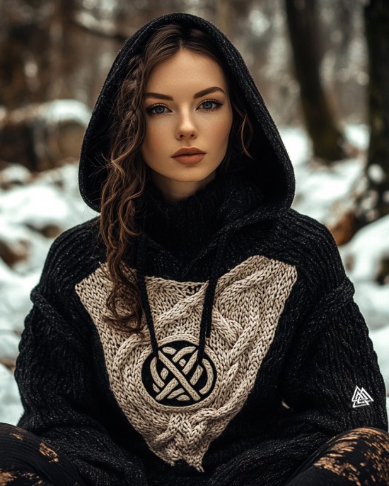 Women's Viking Tribal Jacquard Celtic Inspired Knit Hooded Sweater