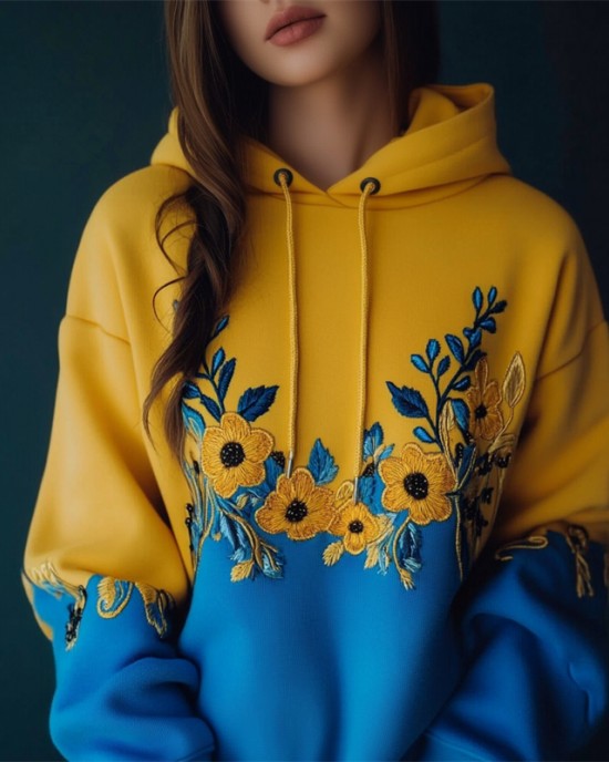 Ukraine Classy Floral Embroidered Contrast Color Hoodie Ukraine Classy Floral Embroidered Contrast Color Hoodie