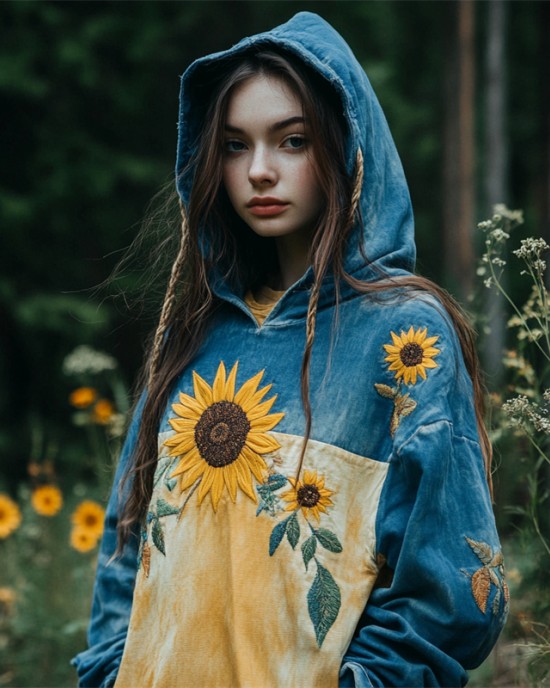 Ukraine Sunflowers Embroidered Contrast Color Washed Hoodie Ukraine Sunflowers Embroidered Contrast Color Washed Hoodie