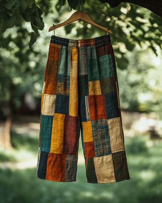 Vintage Color Block Linen Blend Casual Pants Vintage Color Block Linen Blend Casual Pants