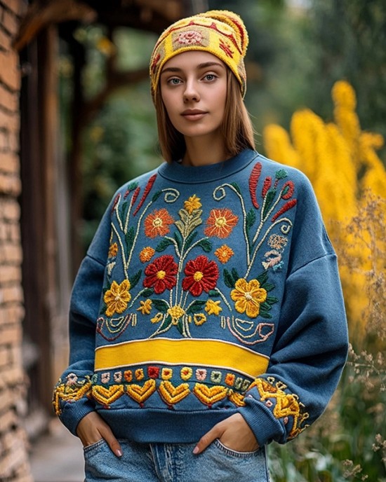 Ukrainian Folk Floral Embroidered Vintage Cozy Sweatshirt
