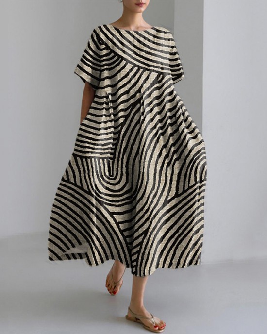Women's Abstract Art Striped Print Vintage Linen Blend Dress Women's Abstract Art Striped Print Vintage Linen Blend Dress