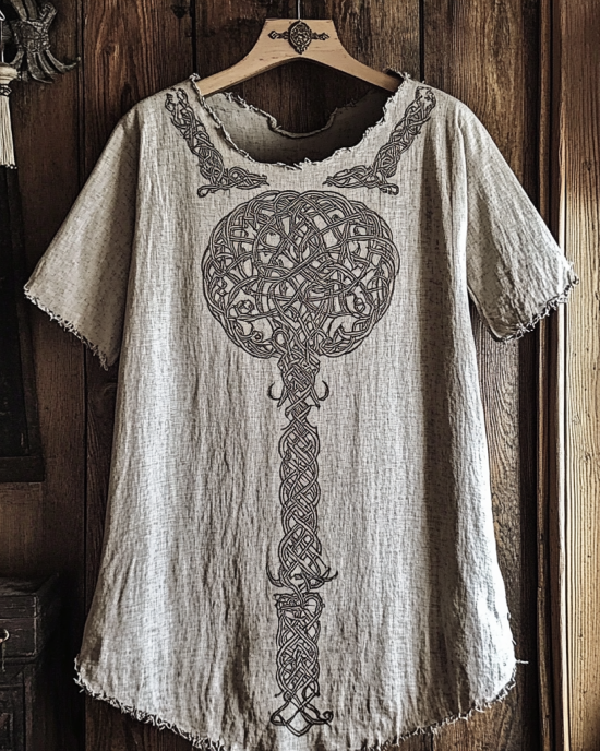 Women's Viking Tribal Tree Of Life Print Linen T-shirt Women's Viking Tribal Tree Of Life Print Linen T-shirt