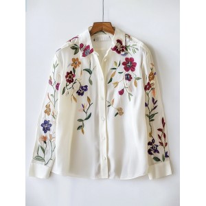 Floral Embroidery Women's Long Sleeve Shirt