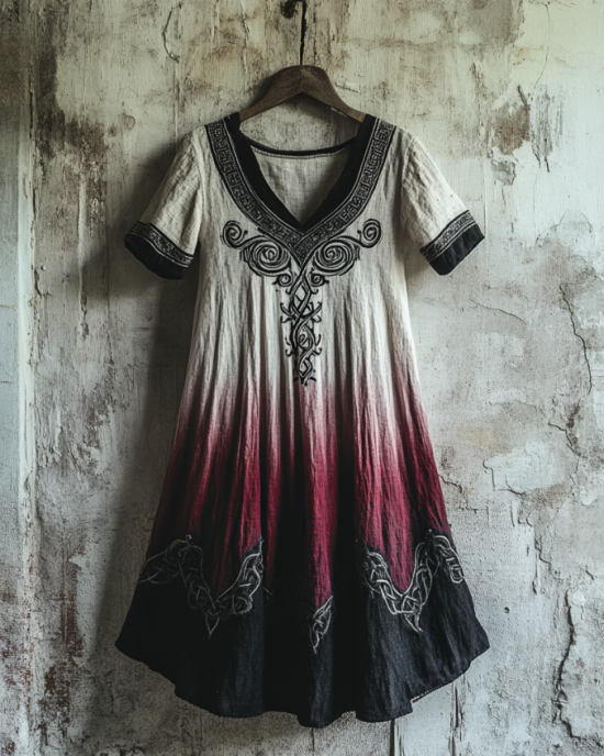 Bohemian Viking Tribal Celtic Knot Gradient Embroidery Art Linen Round Neck Midi Dress Bohemian Viking Tribal Celtic Knot Gradient Embroidery Art Linen Round Neck Midi Dress