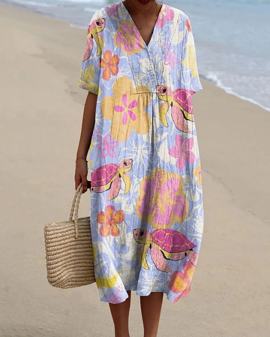 Women's Resort Turtle Pattern V-neck Casual Flowy Midi Dress Women's Resort Turtle Pattern V-neck Casual Flowy Midi Dress