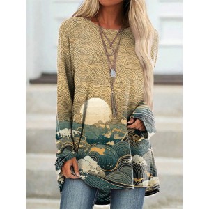 Ancient Japanese Style Wave Print Cozy Long Sleeved Tunic