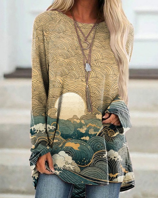 Ancient Japanese Style Wave Print Cozy Long Sleeved Tunic