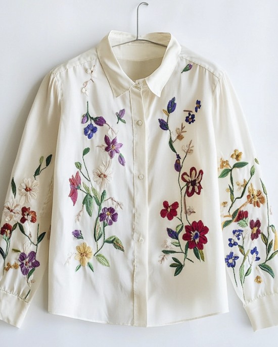 Forest Flower Embroidery Women's Long Sleeve Shirt