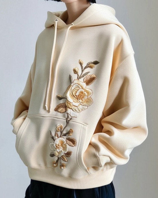 Elegant Floral Embroidered Comfy Hoodie