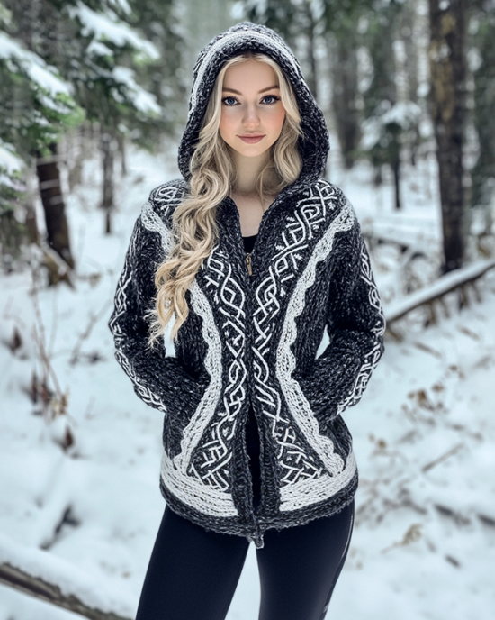 Women's Vintage Celtic Knot Jacquard Cozy Knit Hooded Cardigan