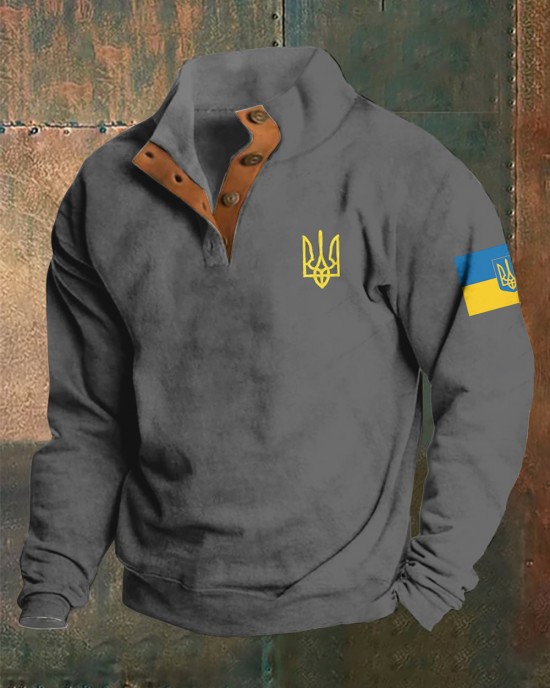 Men Support Ukrainian Trident Symbol Button Stand Collar Sweatshirt Men Support Ukrainian Trident Symbol Button Stand Collar Sweatshirt