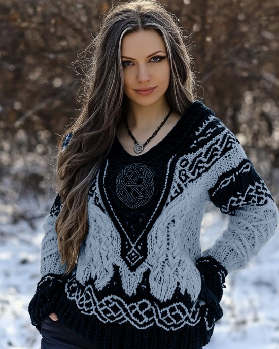 Women's Viking Rune Knit Jacquard V-neck Sweater