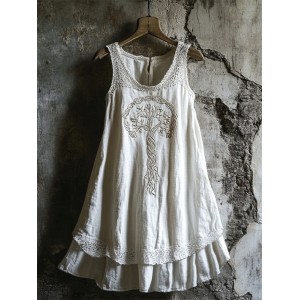 Boho Celtic Tree Of Life Lace Patchwork Layered Linen Dress