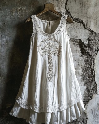 Boho Celtic Tree Of Life Lace Patchwork Layered Linen Dress