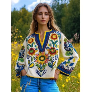 Ukrainian Folk Sunflower Floral Embroidery Art Linen Shirt