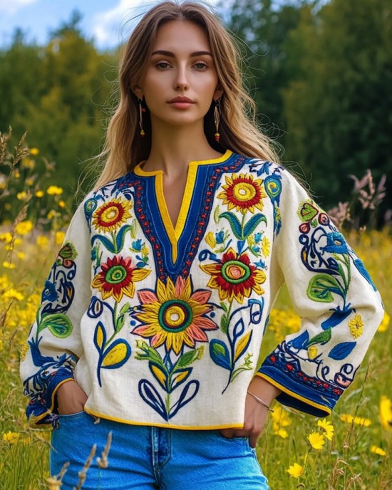 Ukrainian Folk Sunflower Floral Embroidery Art Linen Shirt