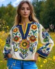 Ukrainian Folk Sunflower Floral Embroidery Art Linen Shirt