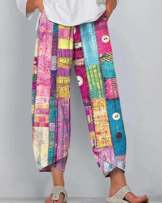 Women's Boho Colorful Patchwork Linen Blend Pants Women's Boho Colorful Patchwork Linen Blend Pants
