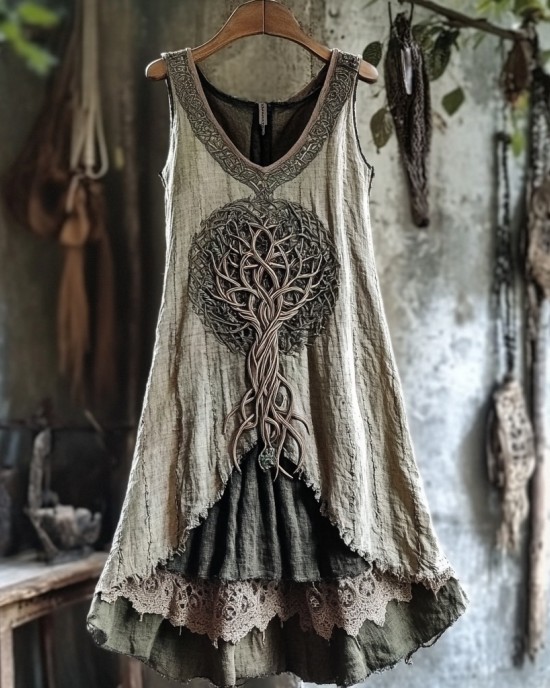 Tribal Tree Of Life Lace Patchwork Art Linen Tank Dress
