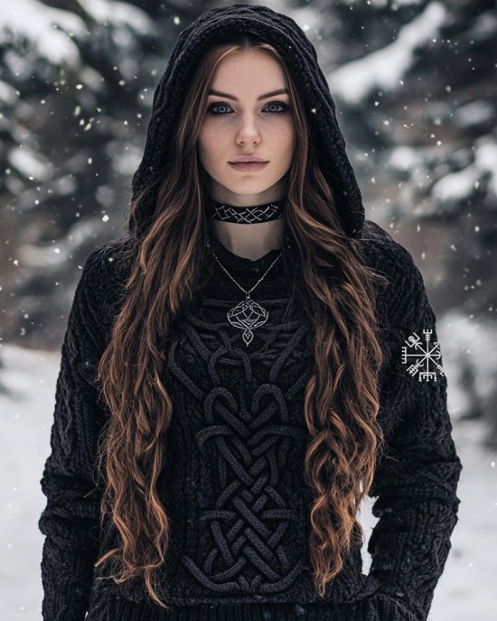 Women's Viking Style Knitted Jacquard Hooded Sweater Women's Viking Style Knitted Jacquard Hooded Sweater