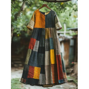 Vintage Color Block Linen Blend Midi Dress