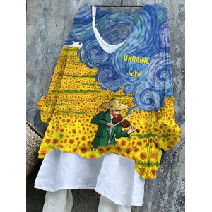 Women's Ukraine Oil Panting Print V-neck Top