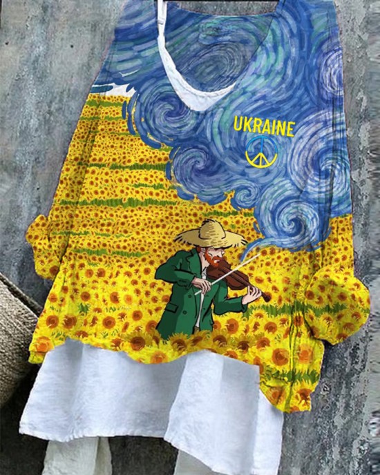 Women's Ukraine Oil Panting Print V-neck Top Women's Ukraine Oil Panting Print V-neck Top