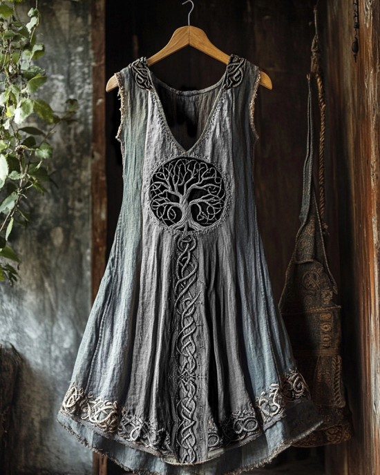 Tribal Viking Colorful Gradient Tree Of Life Lace Art Linen Tank Dress