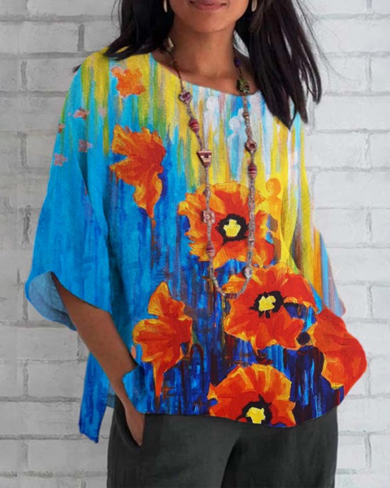 Ukrainian Floral Oil Print Women's Linen Top Ukrainian Floral Oil Print Women's Linen Top