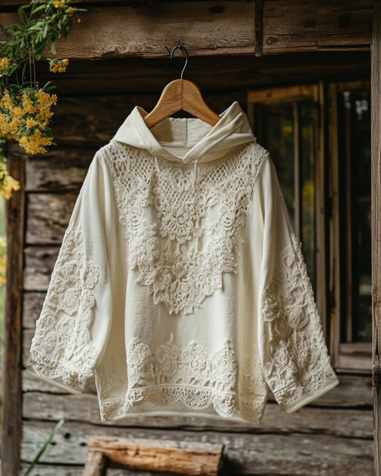 Women's Floral Lace Embroidery Patchwork Art Hoodie Women's Floral Lace Embroidery Patchwork Art Hoodie