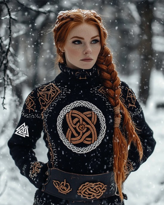 Women's Viking Tribal Jacquard Celtic Style Knitted Turtleneck Sweater