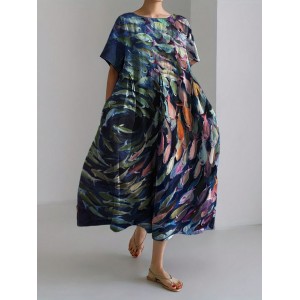 Colorful Fish Oil Painting Linen Blend Maxi Dress