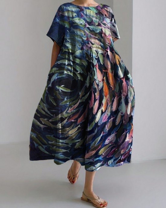 Colorful Fish Oil Painting Linen Blend Maxi Dress Colorful Fish Oil Painting Linen Blend Maxi Dress