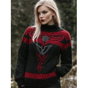 Raven Viking Vegvisir Embroidered Celtic Contrast Cozy Chunky Sweater