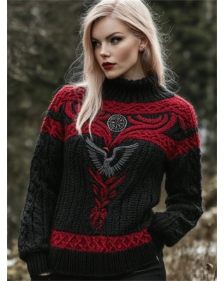 Raven Viking Vegvisir Embroidered Celtic Contrast Cozy Chunky Sweater