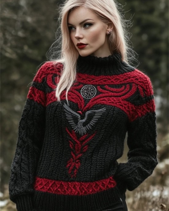 Raven Viking Vegvisir Embroidered Celtic Contrast Cozy Chunky Sweater Raven Viking Vegvisir Embroidered Celtic Contrast Cozy Chunky Sweater