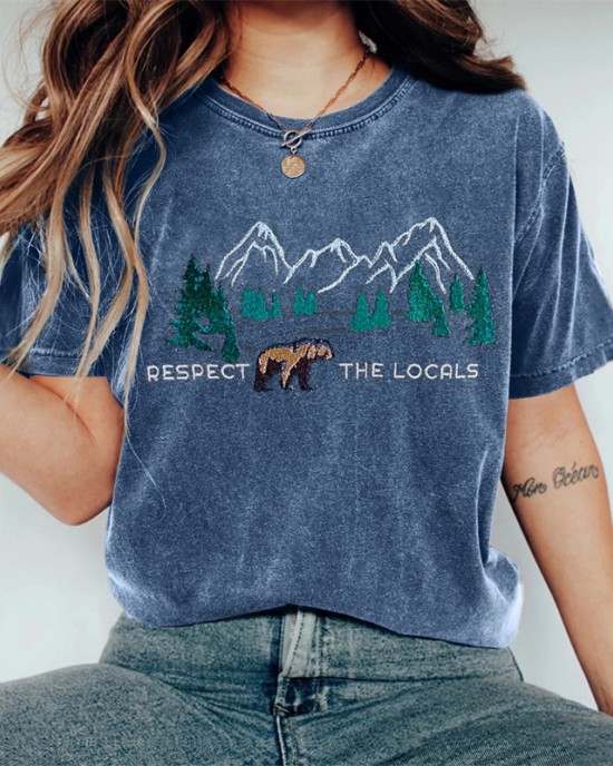 Respect The Locals Bear Landscape Embroidered Washed T Shirt