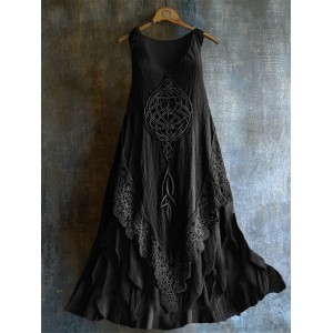 Viking Celtic Knot Lace Hem Layered Linen Tank Dress