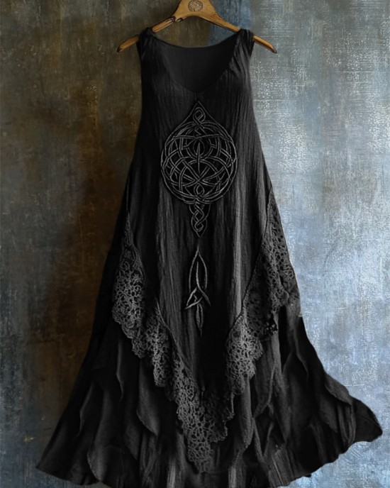 Viking Celtic Knot Lace Hem Layered Linen Tank Dress Viking Celtic Knot Lace Hem Layered Linen Tank Dress