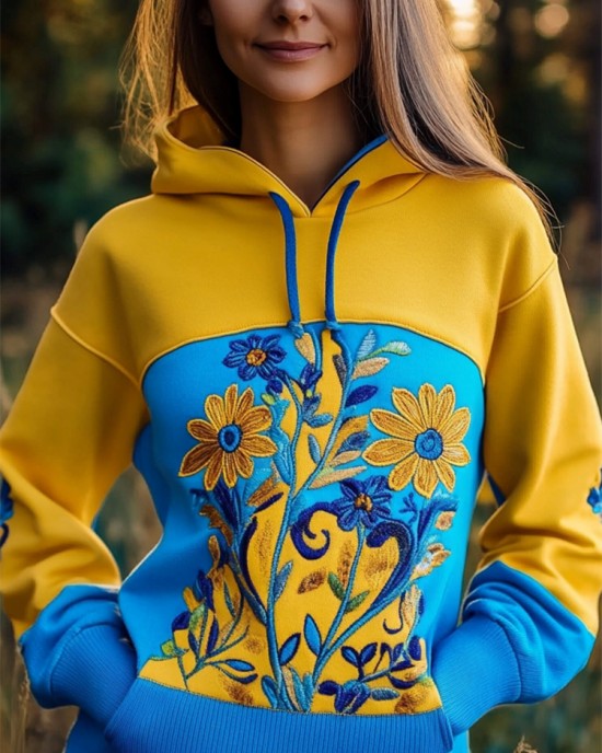 Ukraine Sunflowers Embroidered Contrast Patchwork Hoodie Ukraine Sunflowers Embroidered Contrast Patchwork Hoodie
