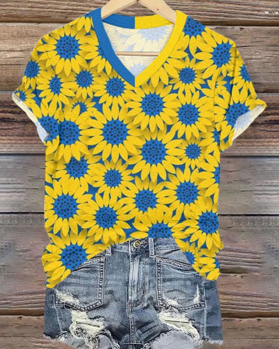Women's Stand With Ukraine Sunflower V-neck T-shirt Women's Stand With Ukraine Sunflower V-neck T-shirt