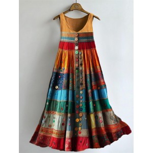 Boho Colorful Textile Flowy Linen Blend Tank Dress